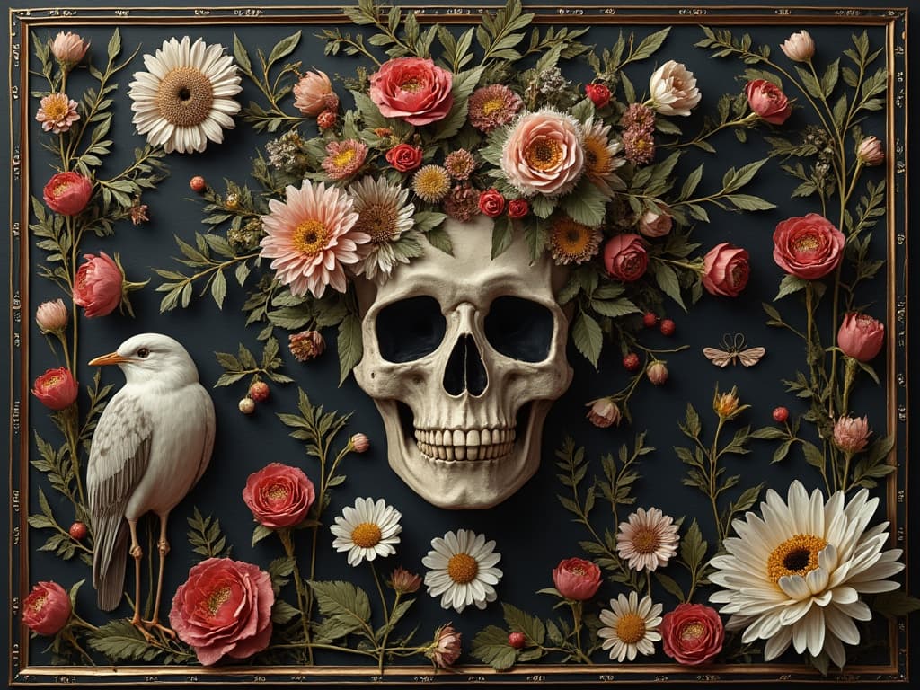 A human skull is centrally placed, adorned with a wreath of red, pink, and white flowers, surrounded by green foliage. A white bird, possibly a dove or egret, stands to the left among the flowers. The background is dark, framed by a decorative border, enhancing the contrast with the vibrant flowers.